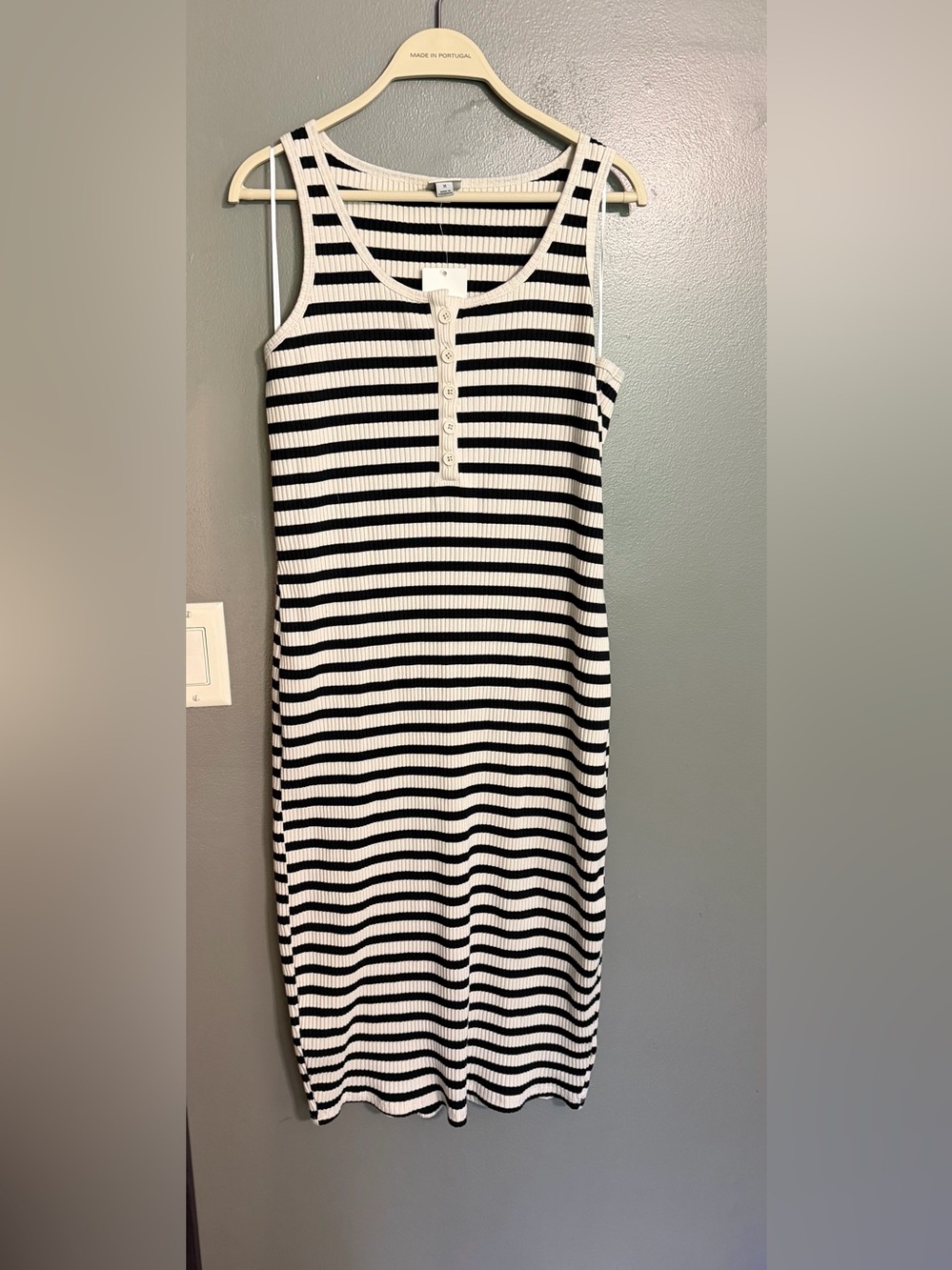 A New Day Striped Ribbed Sleeveless Henley Midi Dress Black White Size M NWT